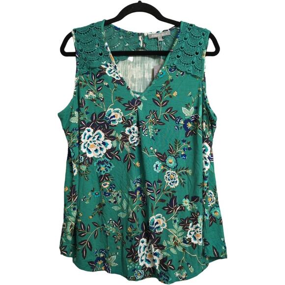 NWT Daniel Rainn Green Floral Sleeveless V Neck Crochet Lace Tunic Blouse 1X - Picture 1 of 11